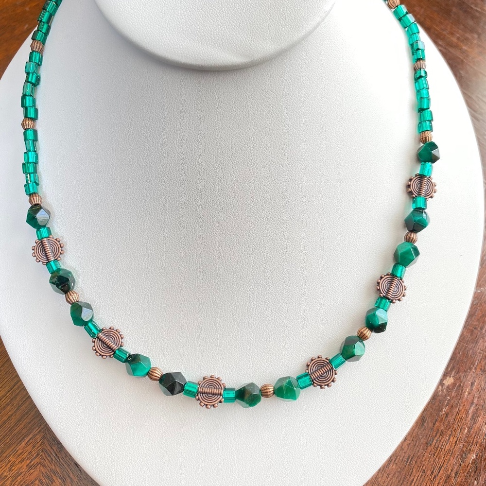 Emerald Green & Copper Colored Glass & Metal Beaded Long Necklace